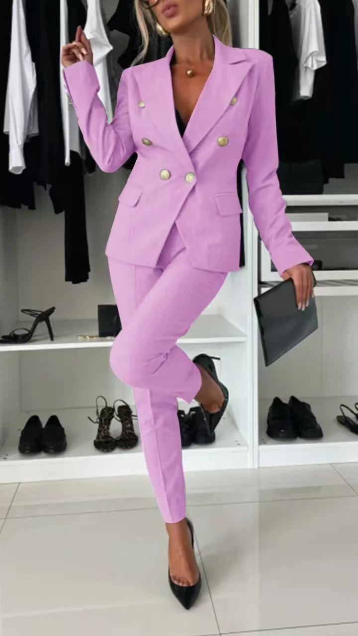 Casual Blazer Suit Slim Lapel Double-breasted Jacket And Zip-up Trousers Women's Clothing