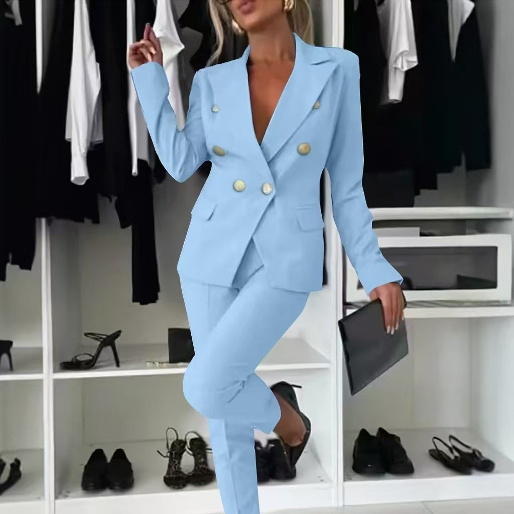 Casual Blazer Suit Slim Lapel Double-breasted Jacket And Zip-up Trousers Women's Clothing